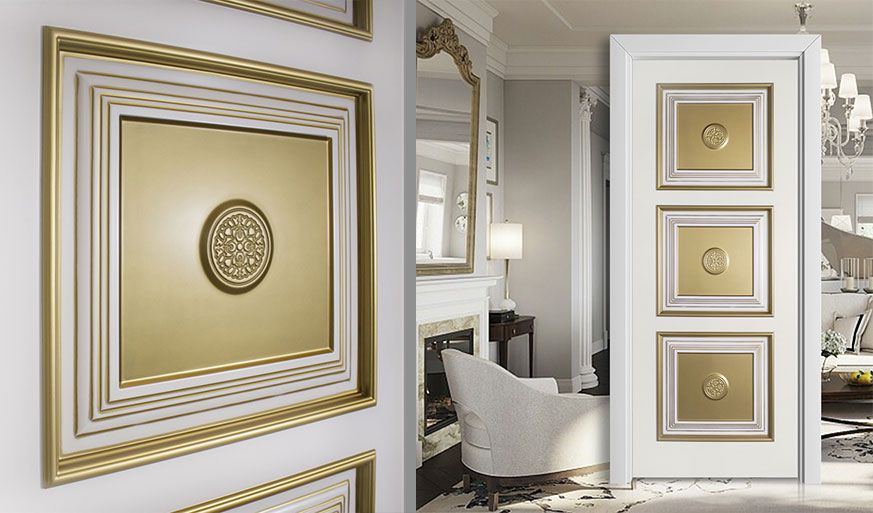Багетная белая дверь в эмали с золотой патиной и 3D фрезеровкой
