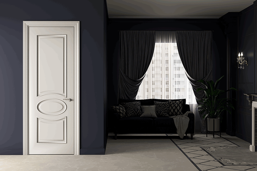 белая дверь в эмали с багетом в классическом стиле