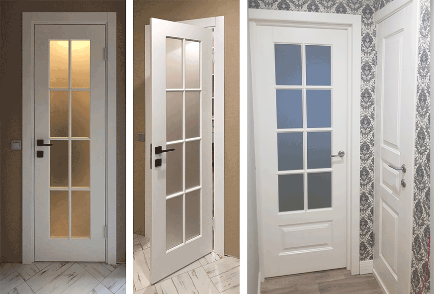 распашные белые двери в эмали с матовым стеклом